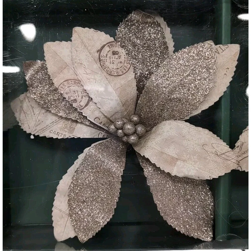 Poinsettia Christmas Ornaments Set of 2 Clip On Gold Cream Paper Glitter NEW NWT
